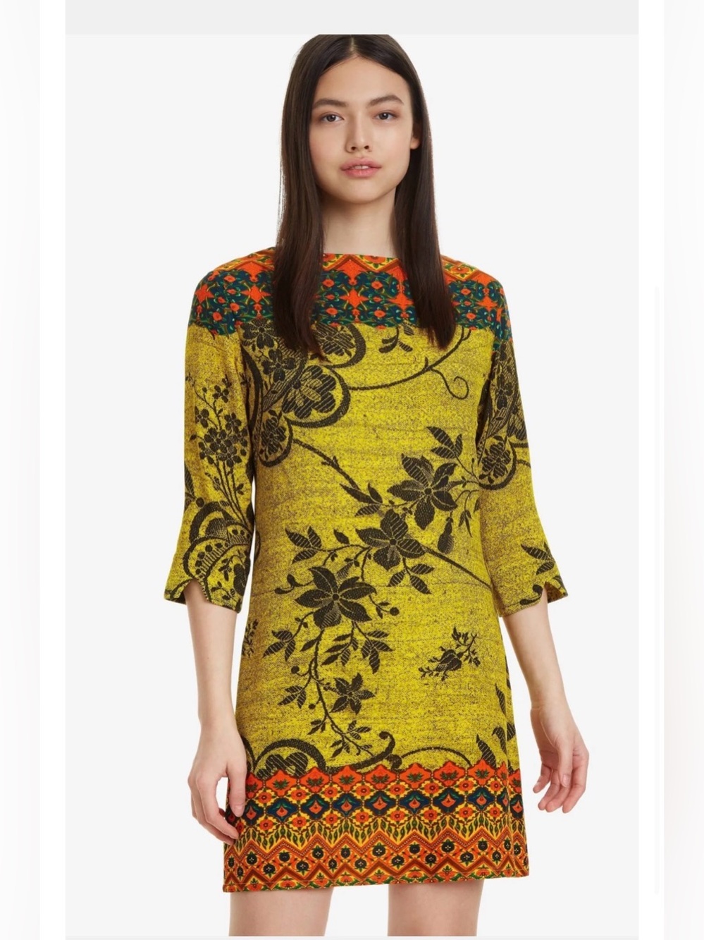 Desigual Astrid Shift Dress‎ – Mustard Yellow Floral Boho size 42/US10/L